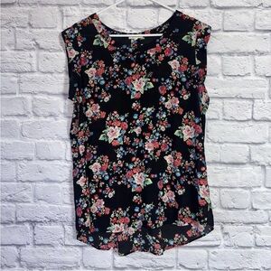 Pleione Womens Black Floral Semi Sheer Sleeveless Blouse Size Large